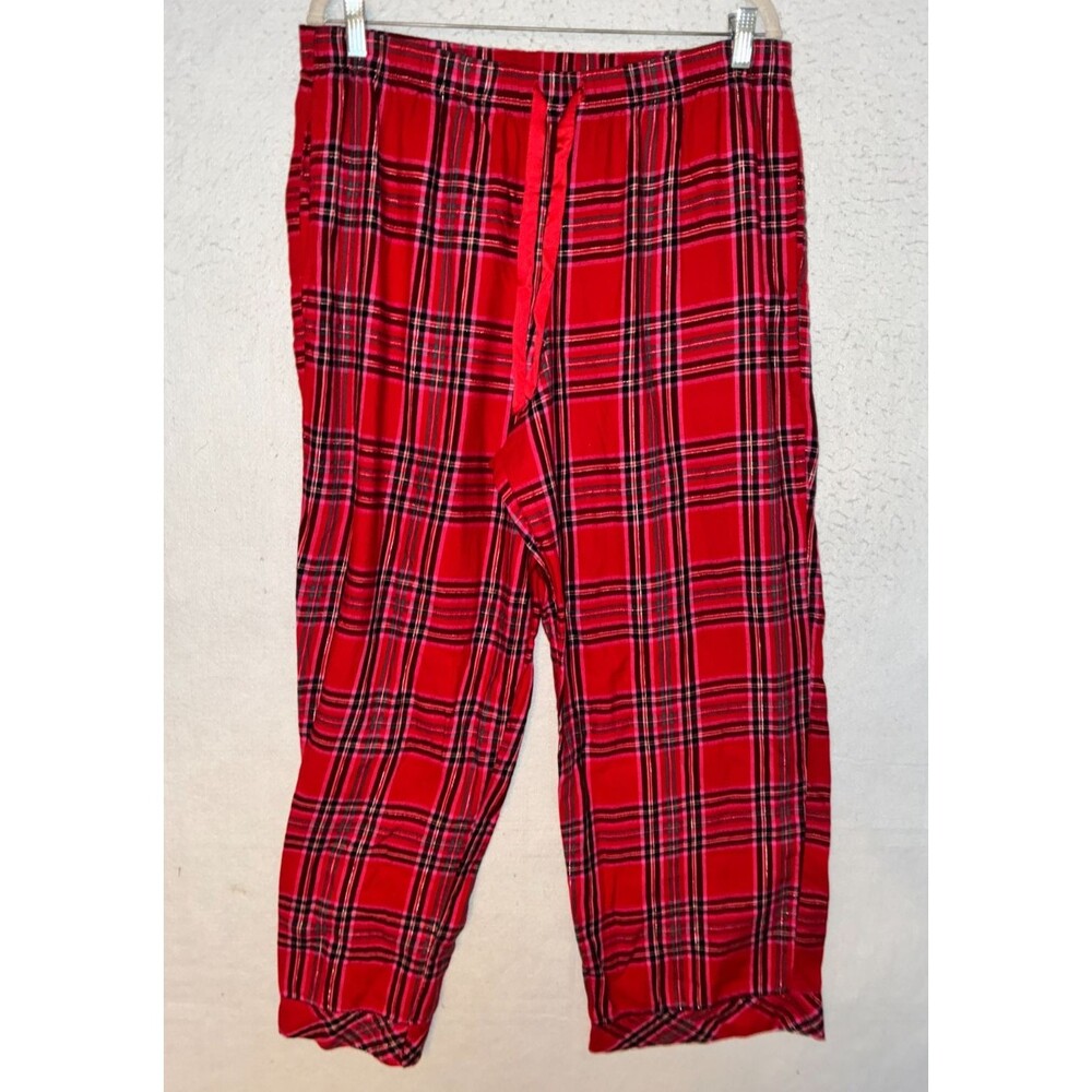 Victoria Secret Flannel Pajama Pants Pink Red Plaid Drawstring Pocket Sz XL